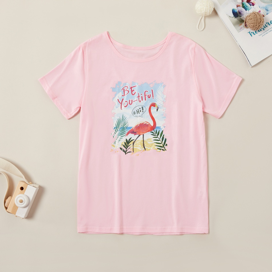 Casual Flamingo Print Cotton Tee for Girl